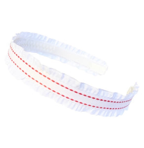 Red on White Ticking Double Ruffle Ribbon Headbands