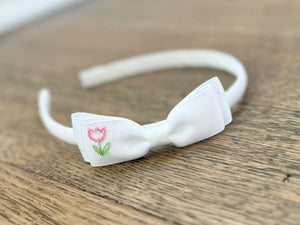 Pink Embroidered Tulip Bow Headband
