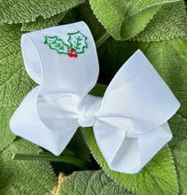 Christmas Holly Embroidered Bow - White