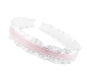 Double Ruffle Ribbon Headband - Pink Ticking - Lolo Headbands